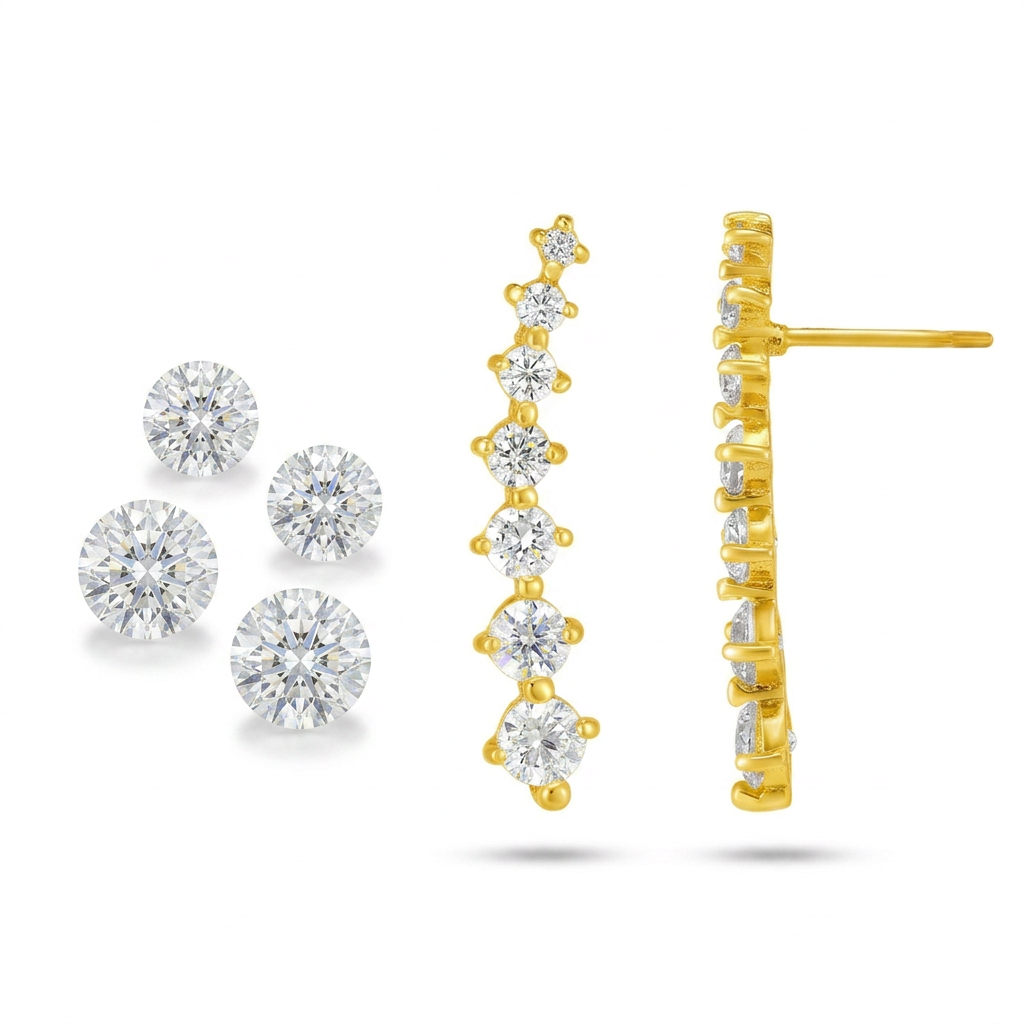 14k Yellow Gold Climber Post Earrings with Cubic Zirconias