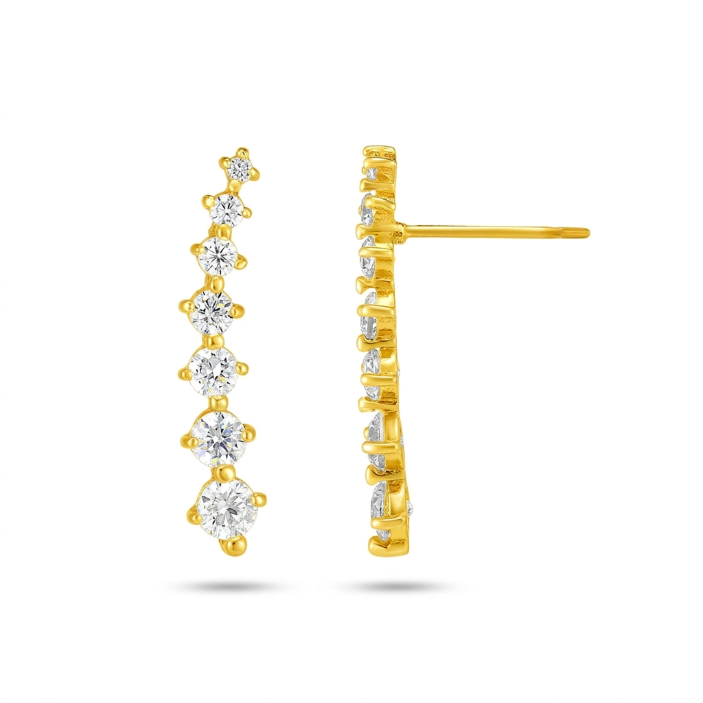14k Yellow Gold Climber Post Earrings with Cubic Zirconias DestGlow