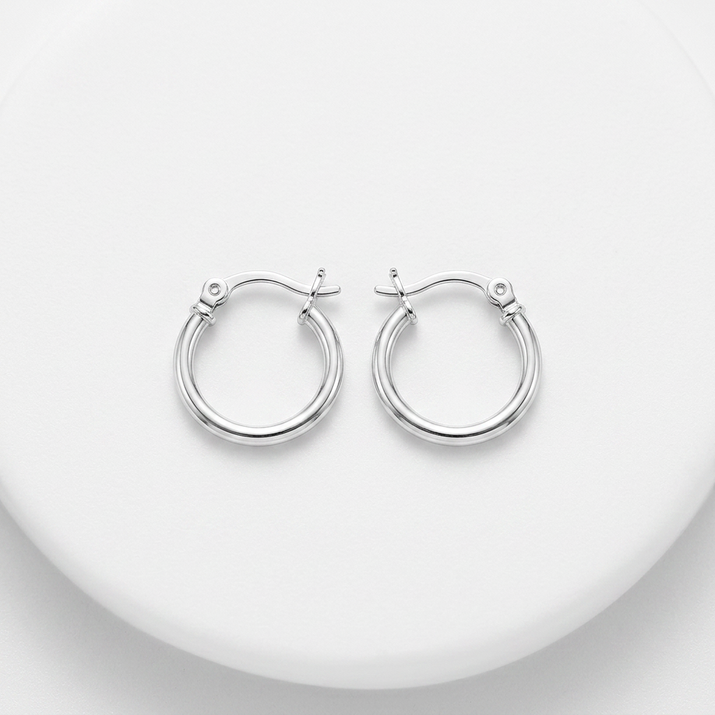 Sterling Silver Rhodium Plated Thin and Small Polished Hoop Earrings (10mm)