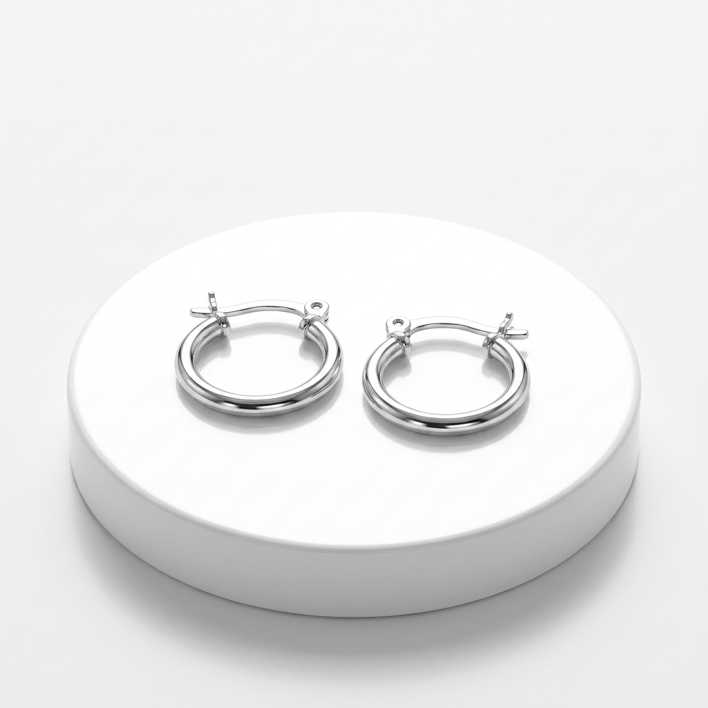 Sterling Silver Rhodium Plated Thin and Small Polished Hoop Earrings (10mm)