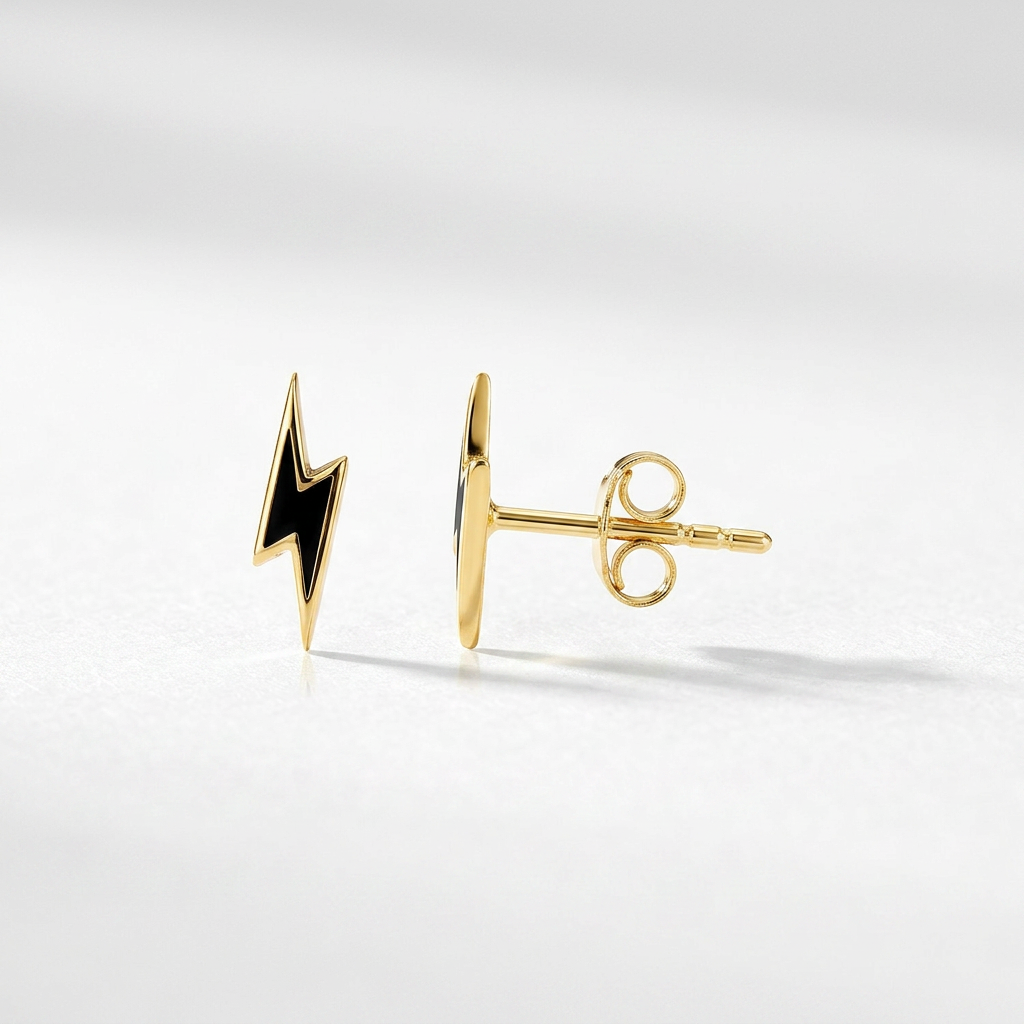 14k Yellow Gold and Enamel Black Lightning Bolt Stud Earrings DestGlow