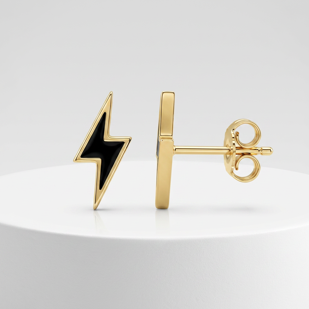 14k Yellow Gold and Enamel Black Lightning Bolt Stud Earrings
