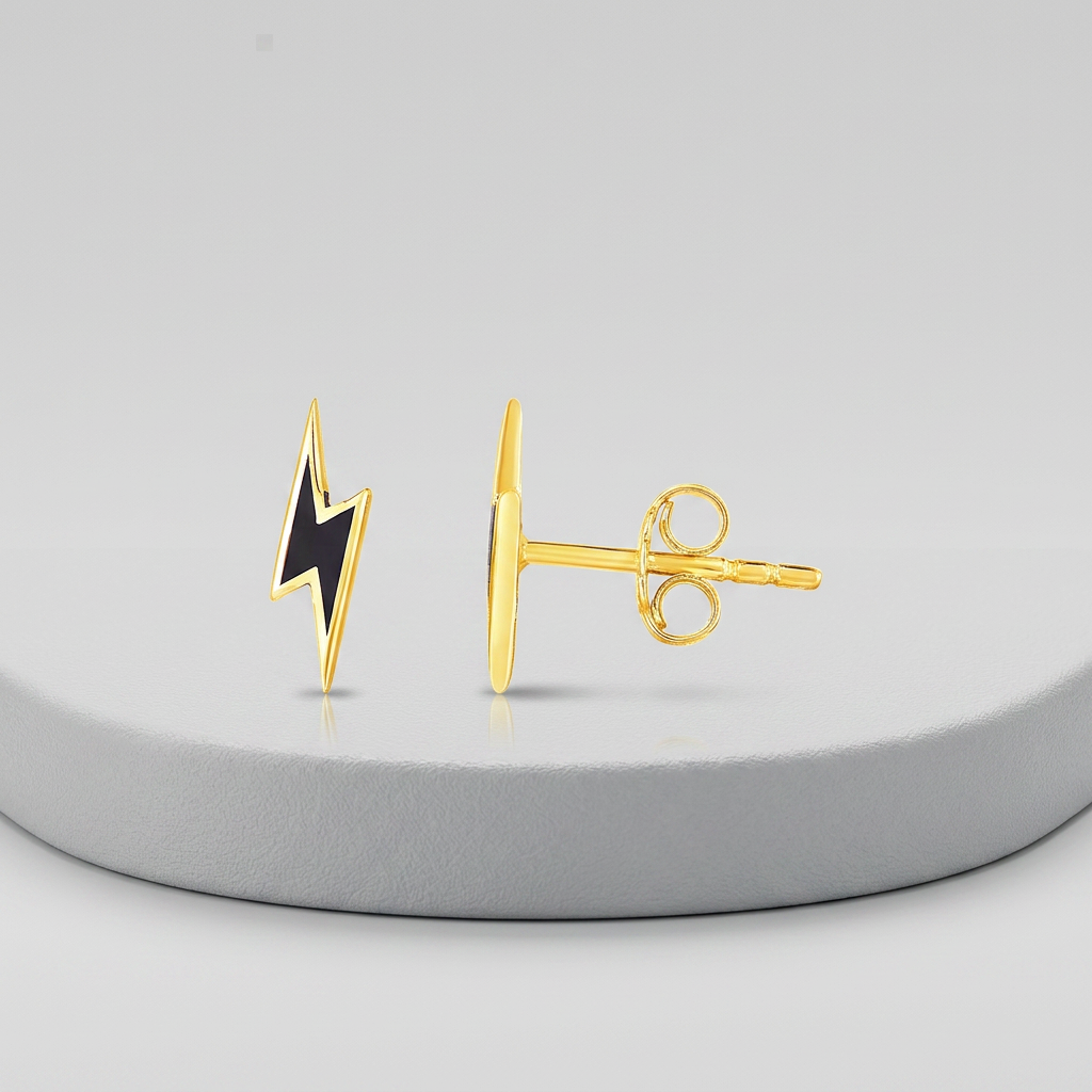 14k Yellow Gold and Enamel Black Lightning Bolt Stud Earrings DestGlow