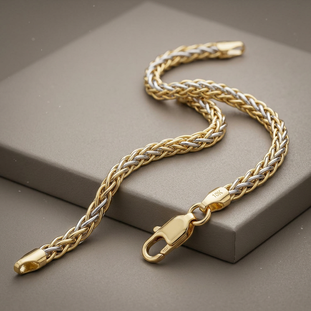 Two-Toned Fine Wheat Chain Bracelet in 10k Yellow and White Gold