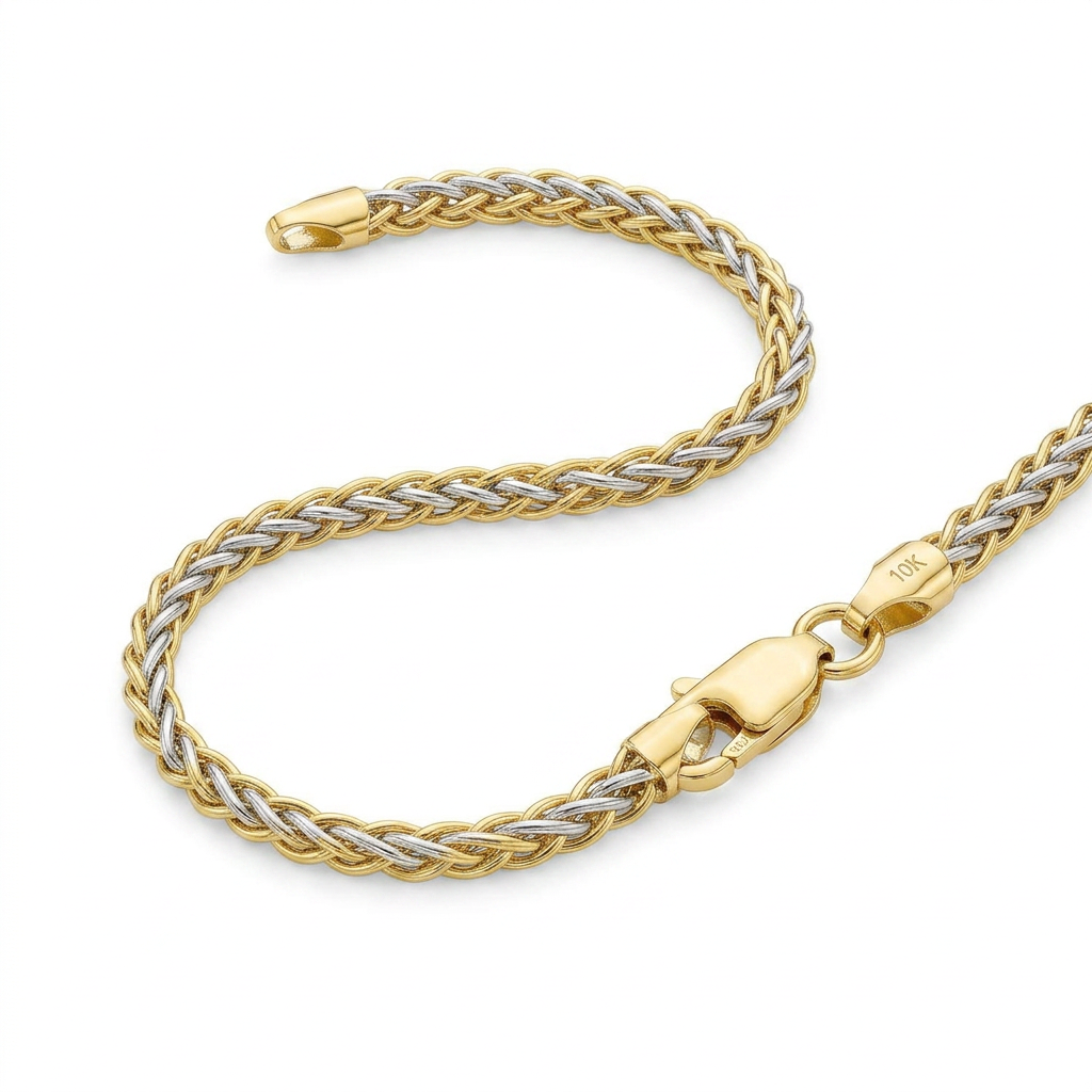 Two-Toned Fine Wheat Chain Bracelet in 10k Yellow and White Gold DestGlow