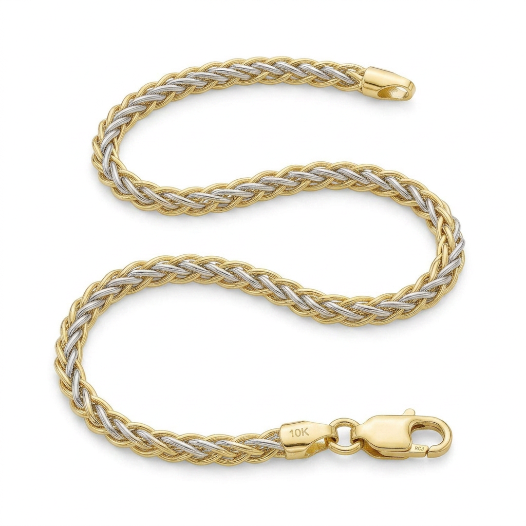Two-Toned Fine Wheat Chain Bracelet in 10k Yellow and White Gold