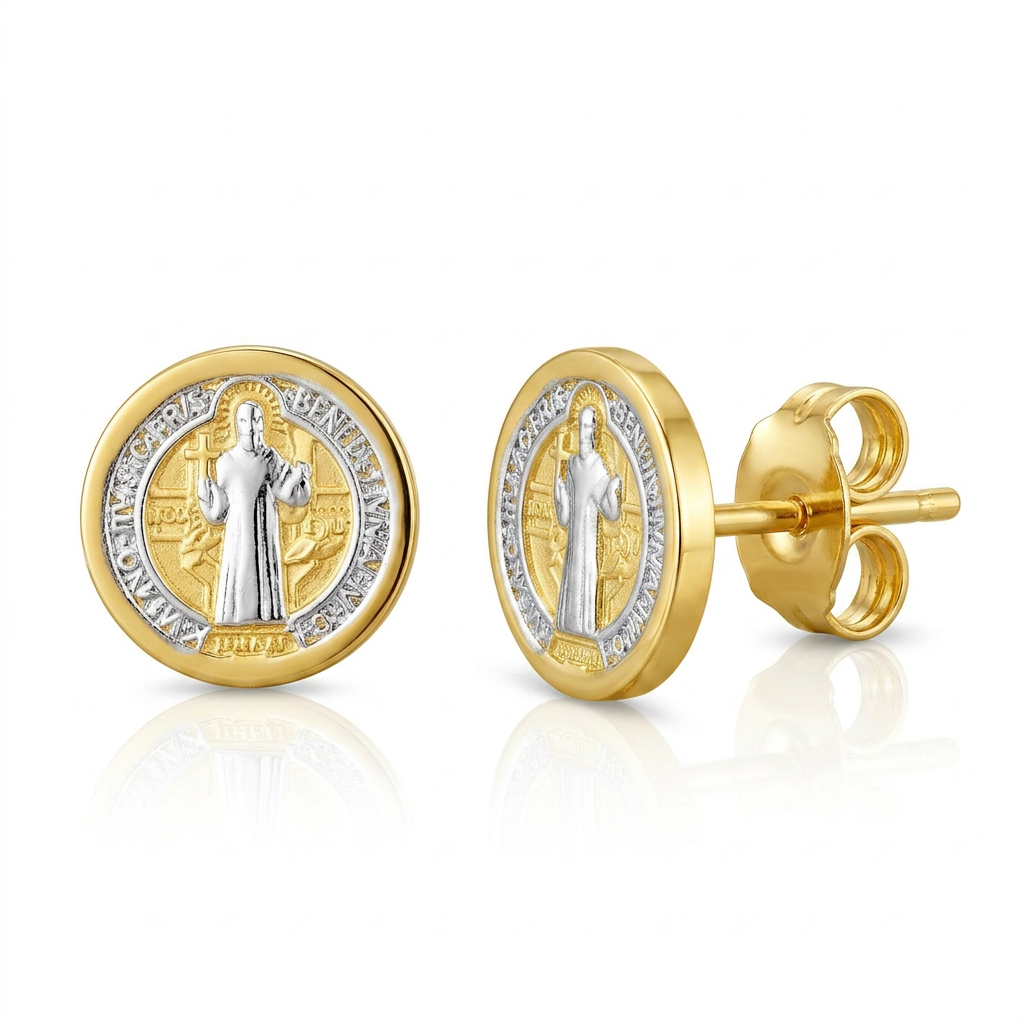 14k Two Tone Gold Round Religious Medallion Post Earrings DestGlow