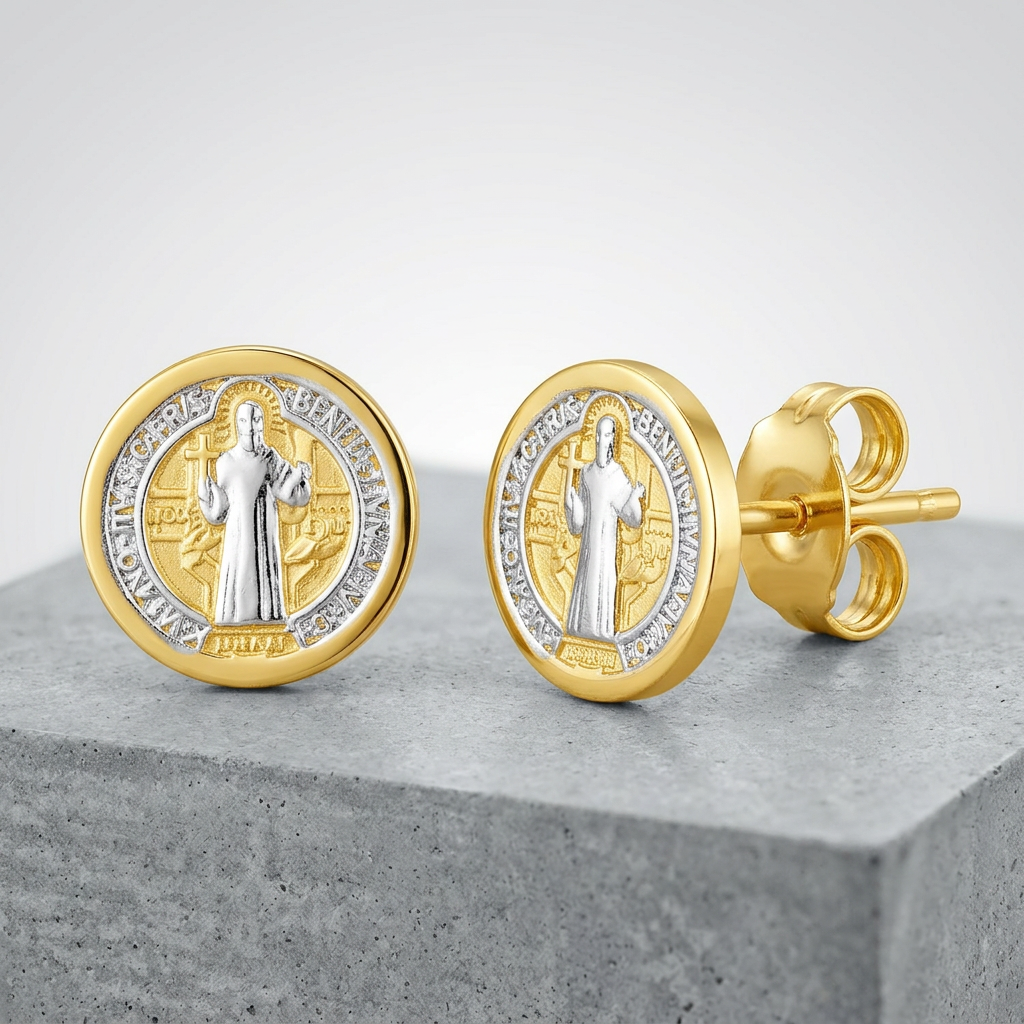 14k Two Tone Gold Round Religious Medallion Post Earrings