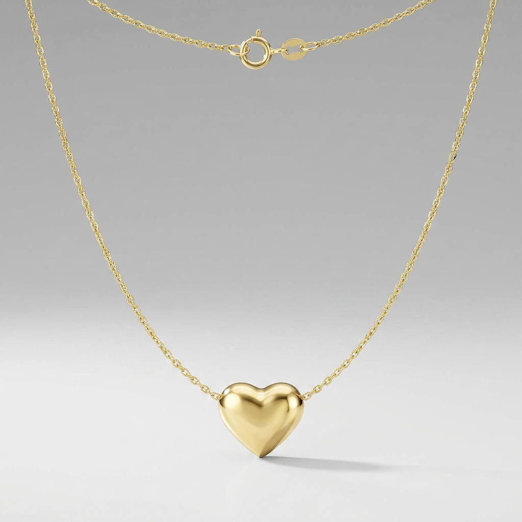 14k Yellow Gold Chain Necklace with Sliding Puffed Heart Charm DestGlow