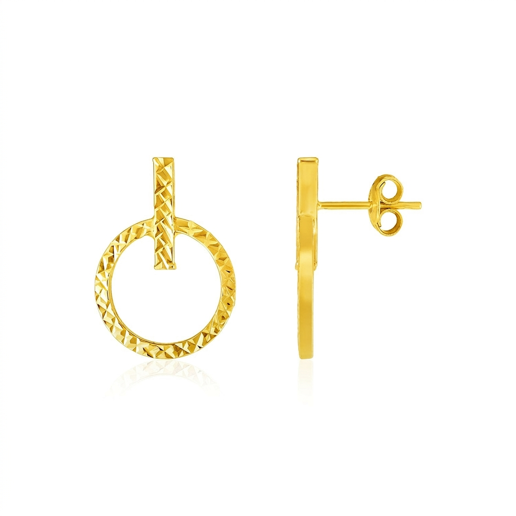 14k Yellow Gold Textured Circle and Bar Post Earrings DestGlow