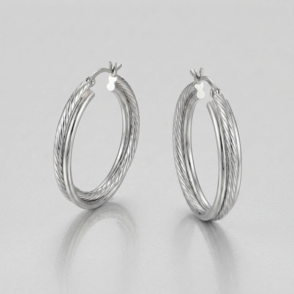 Sterling Silver Ridged Hoop Earrings with Textured Design