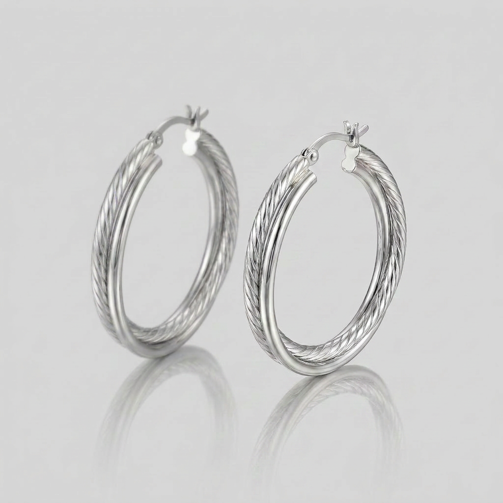 Sterling Silver Ridged Hoop Earrings with Textured Design