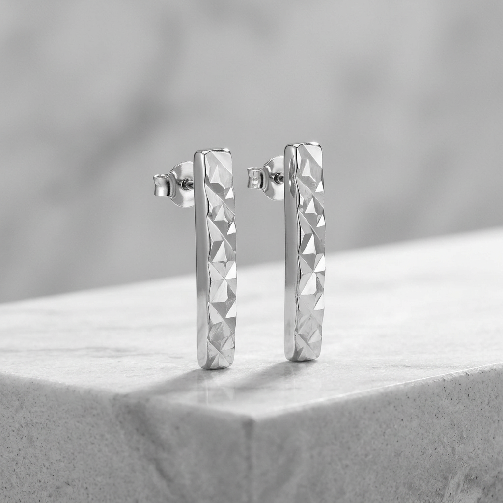 14k White Gold Textured Bar Earrings