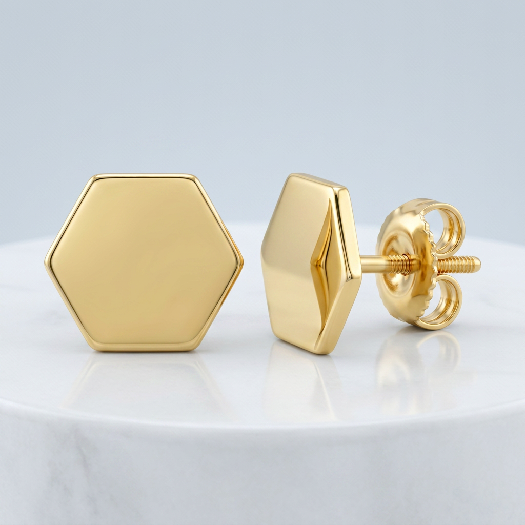 14k Yellow Gold Hexagon Stud Earrings