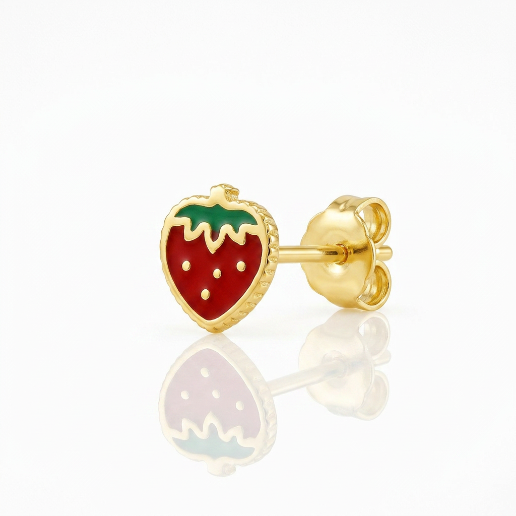 14k Yellow Gold Enameled Strawberry Childrens Earrings