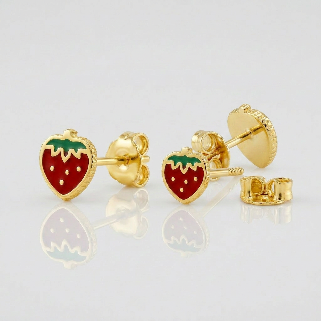 14k Yellow Gold Enameled Strawberry Childrens Earrings DestGlow