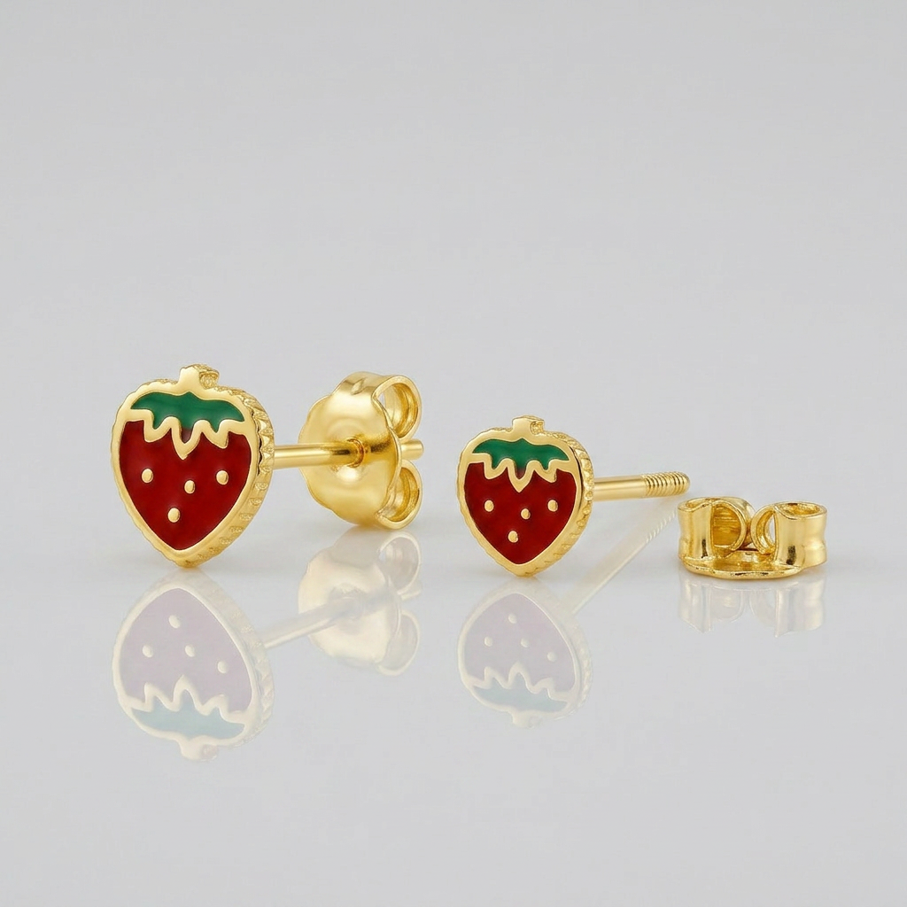 14k Yellow Gold Enameled Strawberry Childrens Earrings DestGlow