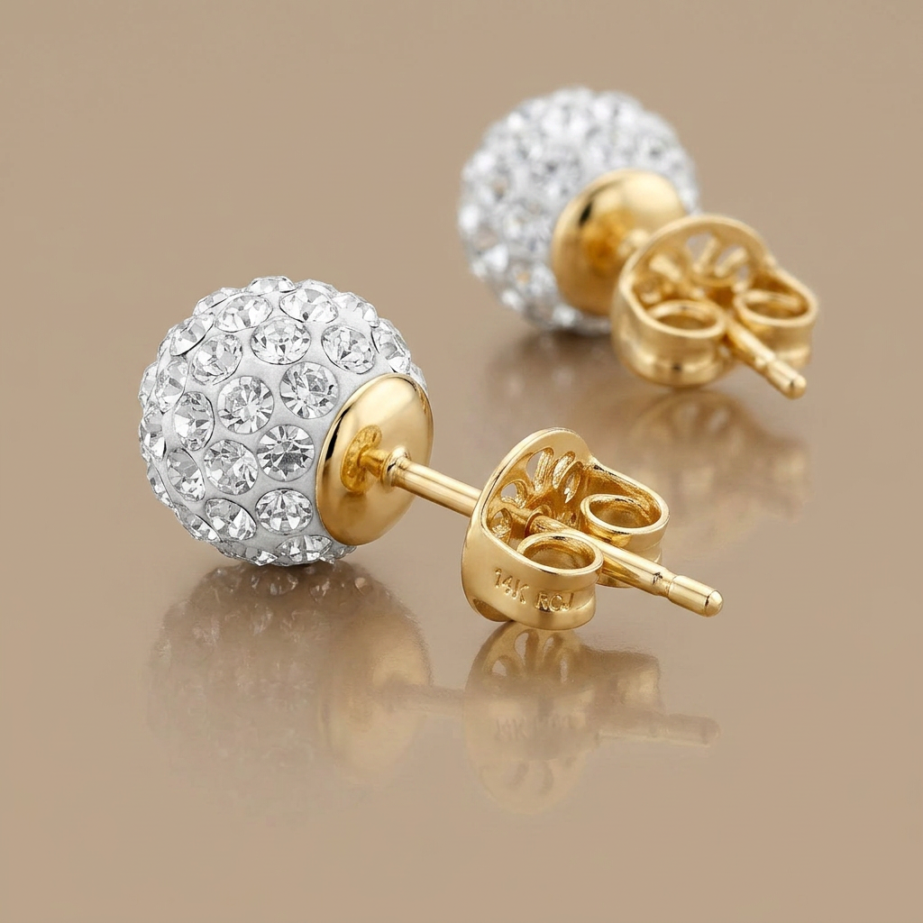 14k Yellow Gold Stud White Crystal Ball Earrings