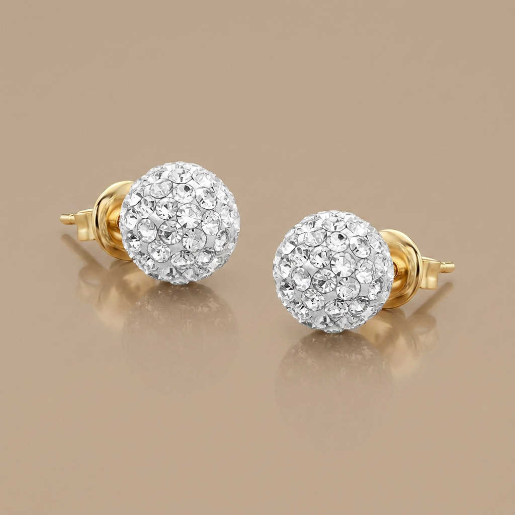 14k Yellow Gold Stud White Crystal Ball Earrings DestGlow