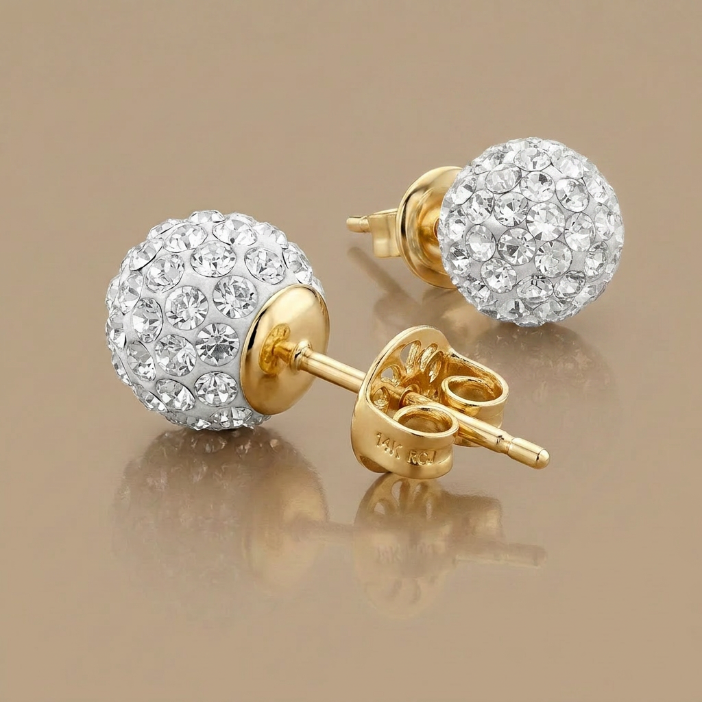 14k Yellow Gold Stud White Crystal Ball Earrings DestGlow