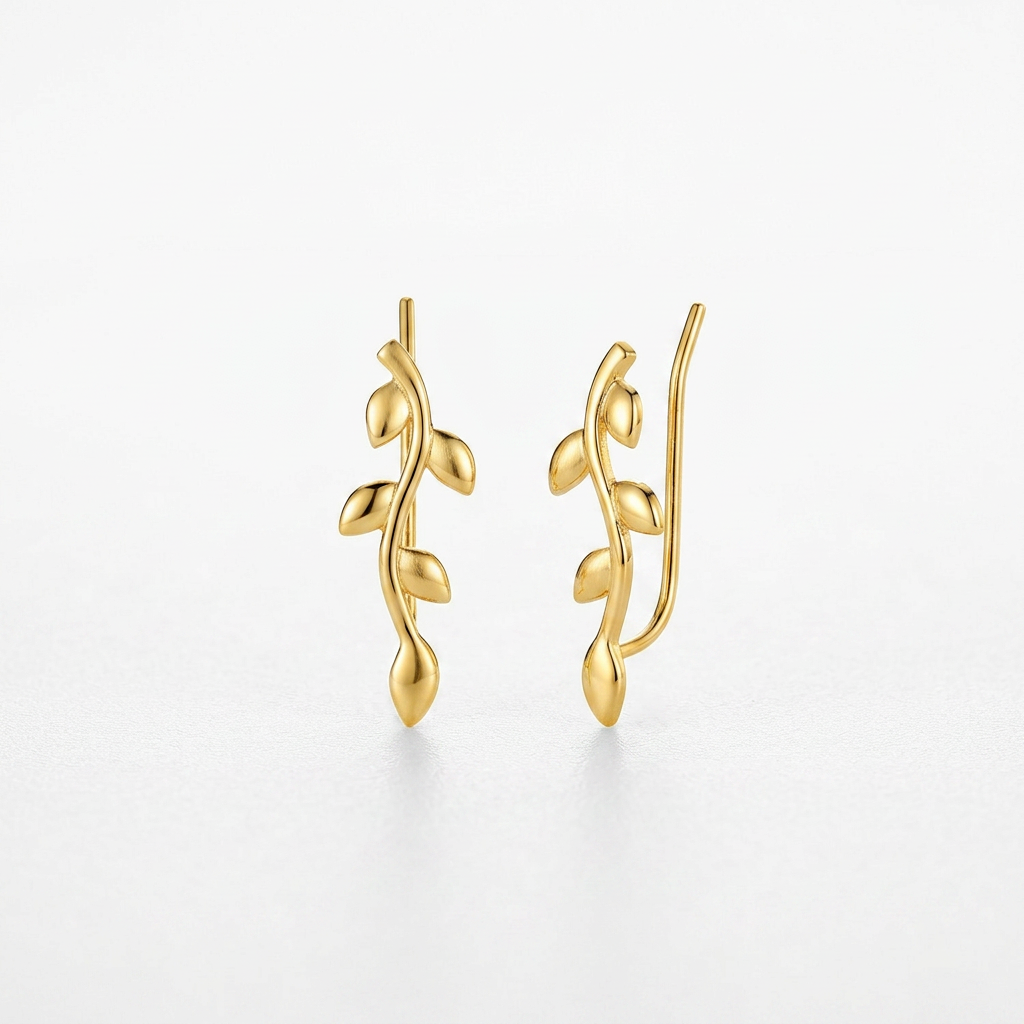 Leafy Branch Motif Climber Earrings in 14k Yellow Gold DestGlow