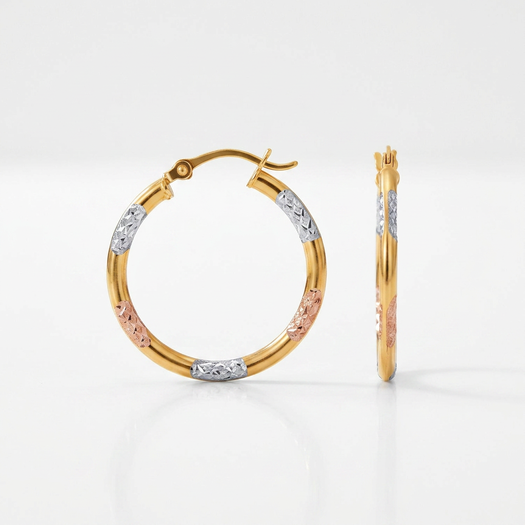 10k Tri-Color Gold Classic Hoop Earrings with Diamond Cut Details