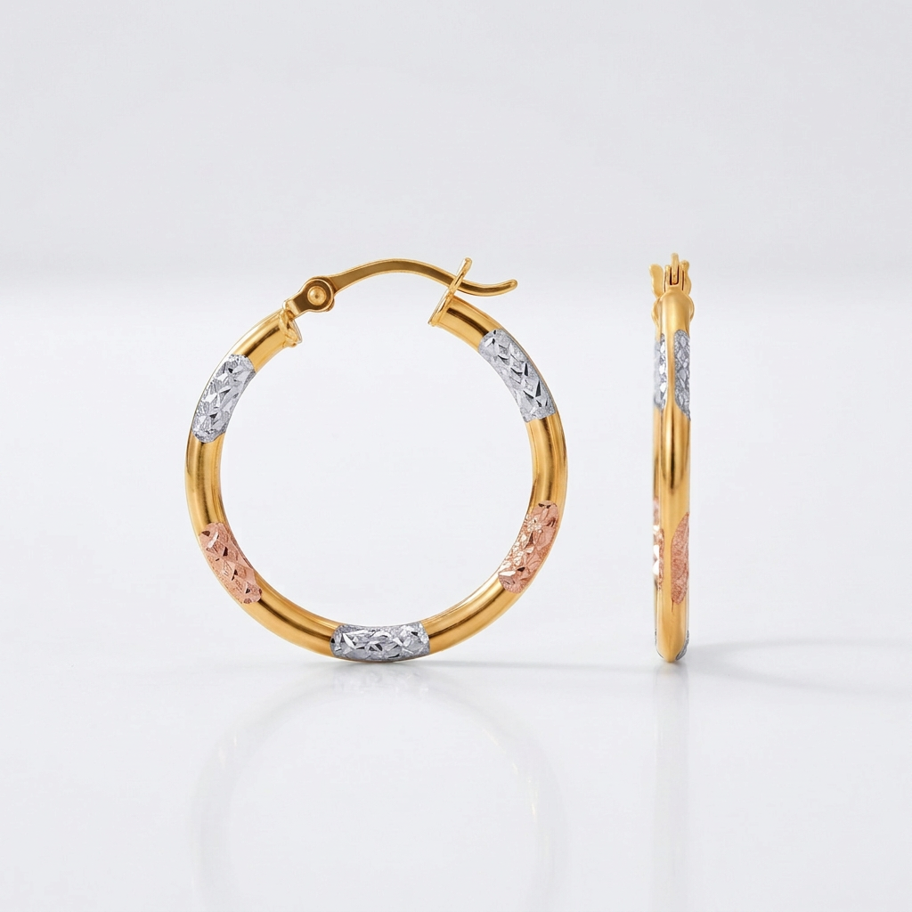 10k Tri-Color Gold Classic Hoop Earrings with Diamond Cut Details DestGlow