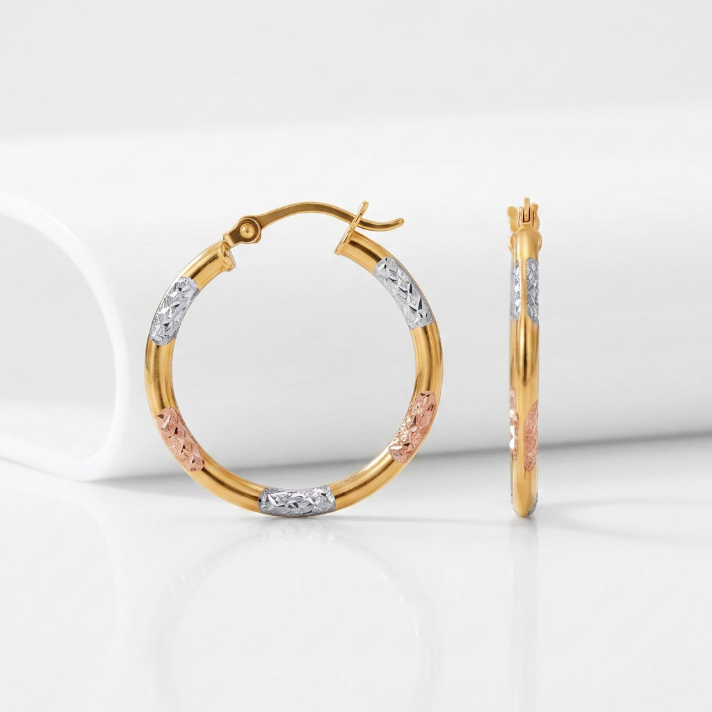 10k Tri-Color Gold Classic Hoop Earrings with Diamond Cut Details