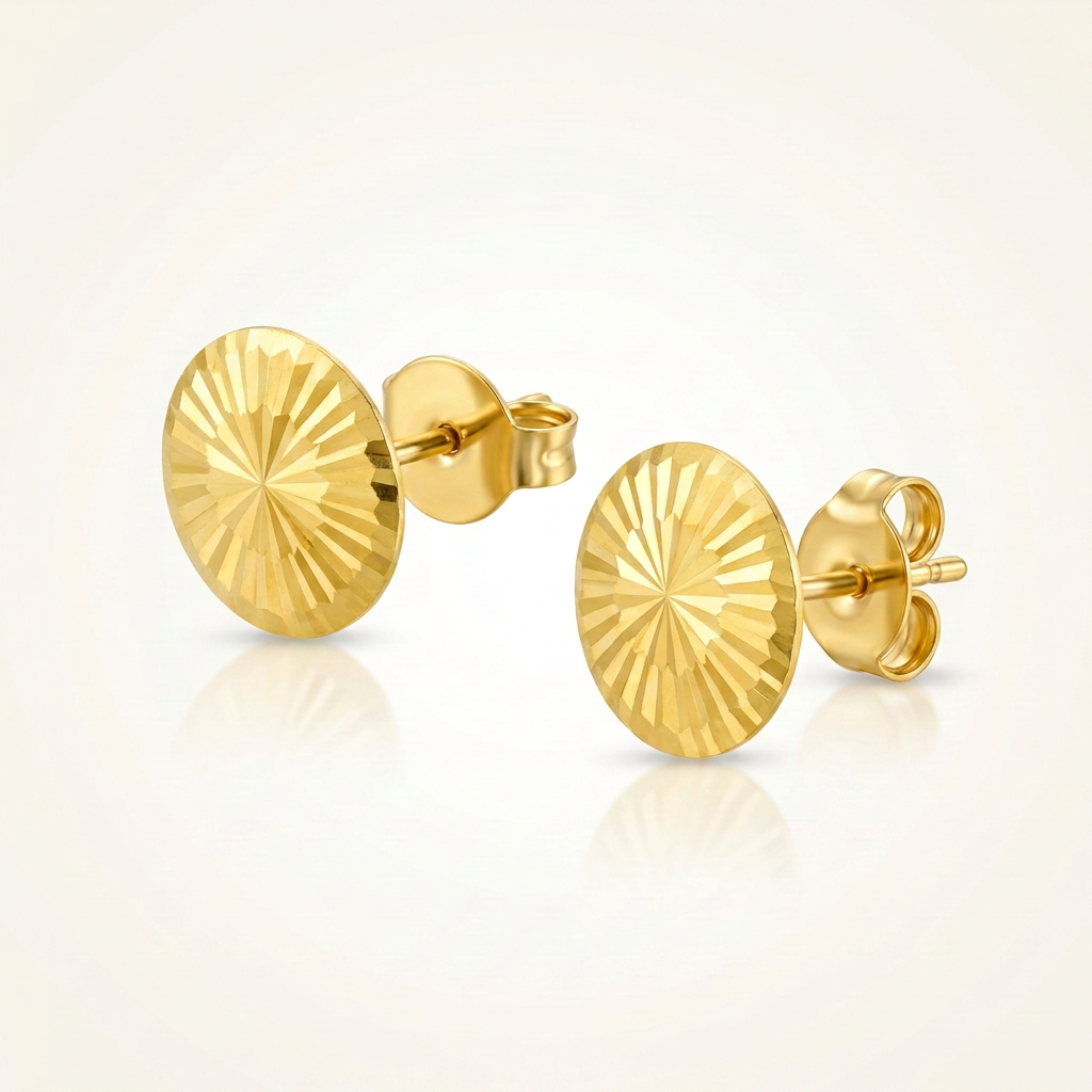14k Yellow Gold Diamond Cut Flat Design Stud Earrings DestGlow