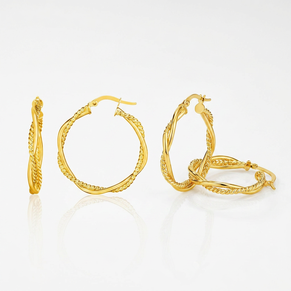 14k Yellow Gold Two Part Textured Twisted Round Hoop Earrings