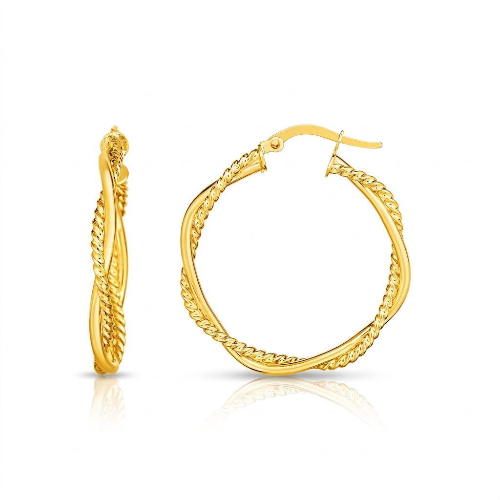 14k Yellow Gold Two Part Textured Twisted Round Hoop Earrings