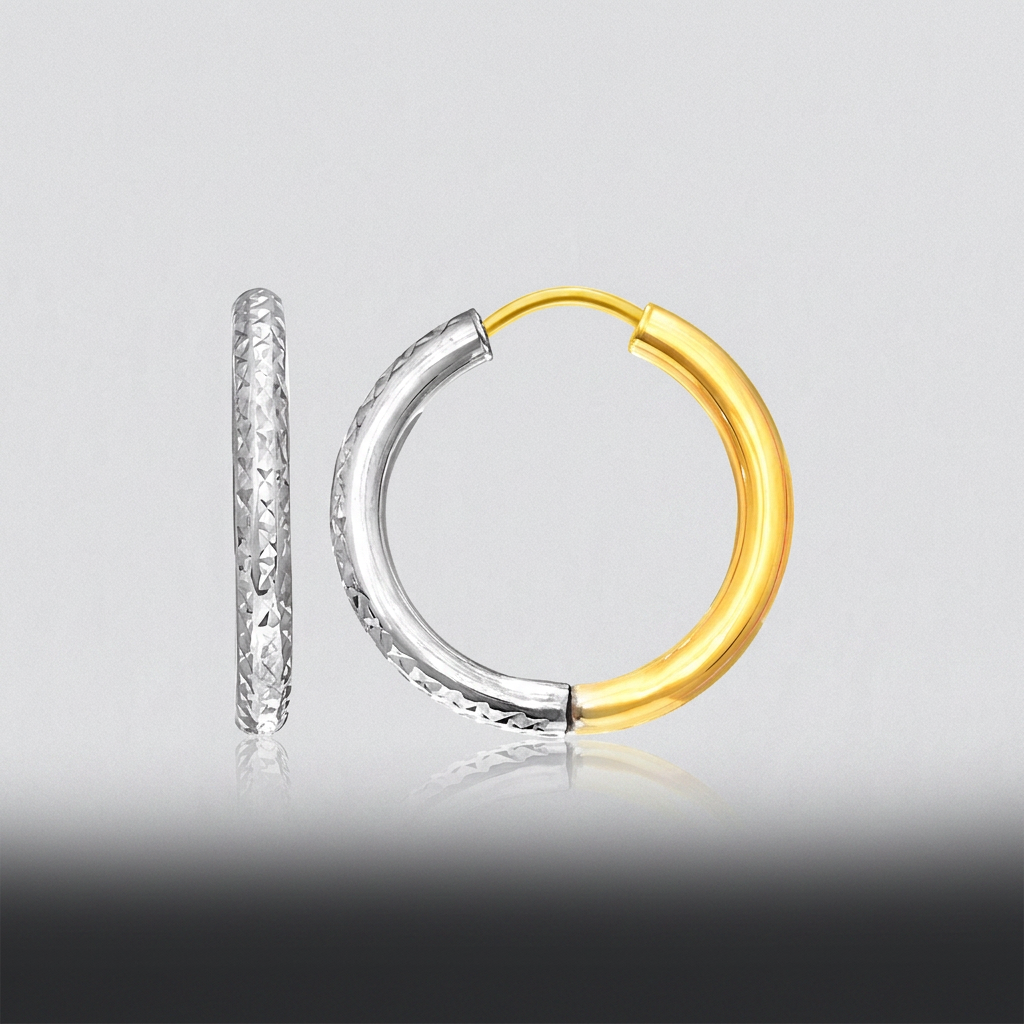 14k Two-Tone Gold Hoop Earrings with Textured Style