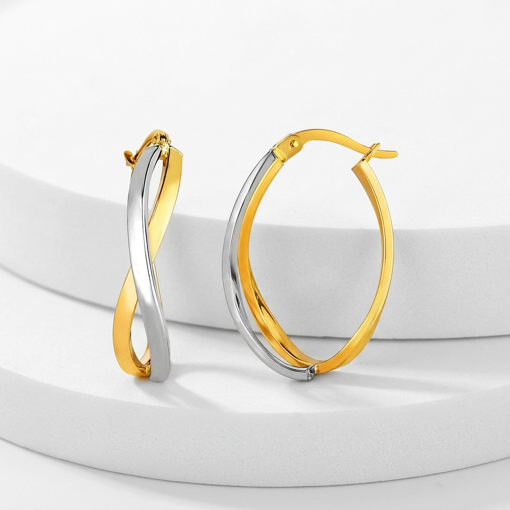 14k Two-Tone Gold Twisted Style Polished Hoop Earrings DestGlow