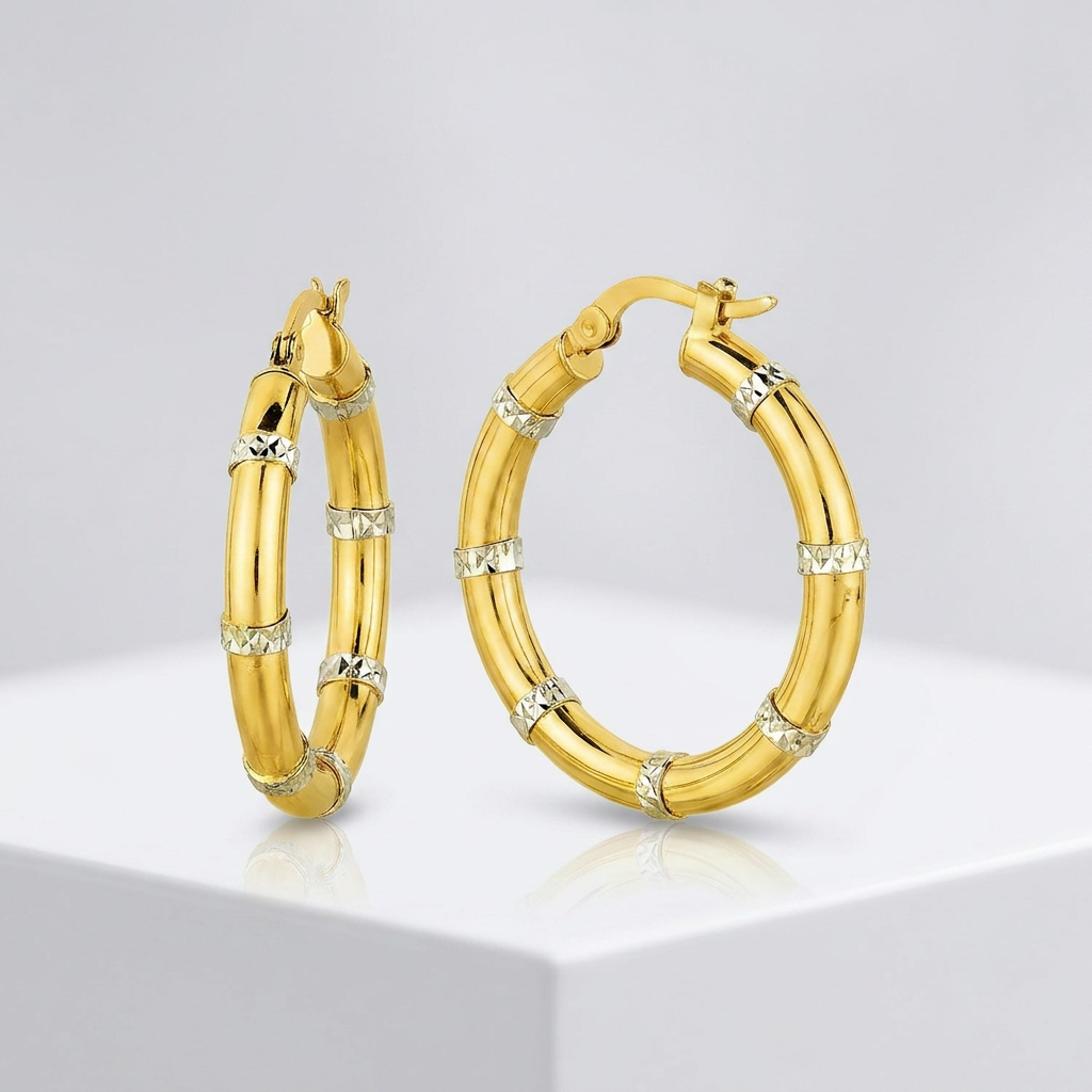 14k Two-Tone Gold Alternate Textured Hoop Earrings