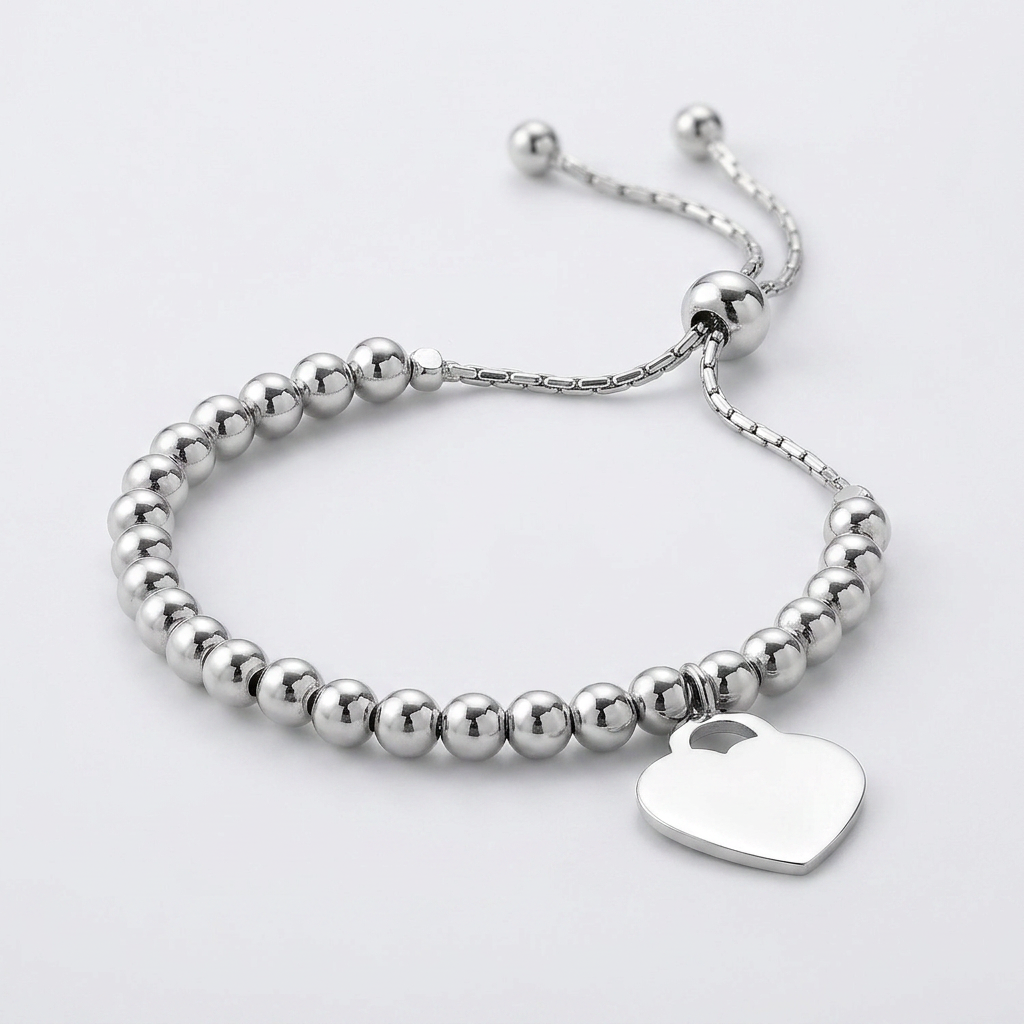 Adjustable Shiny Bead Bracelet with Heart Charm in Sterling Silver DestGlow