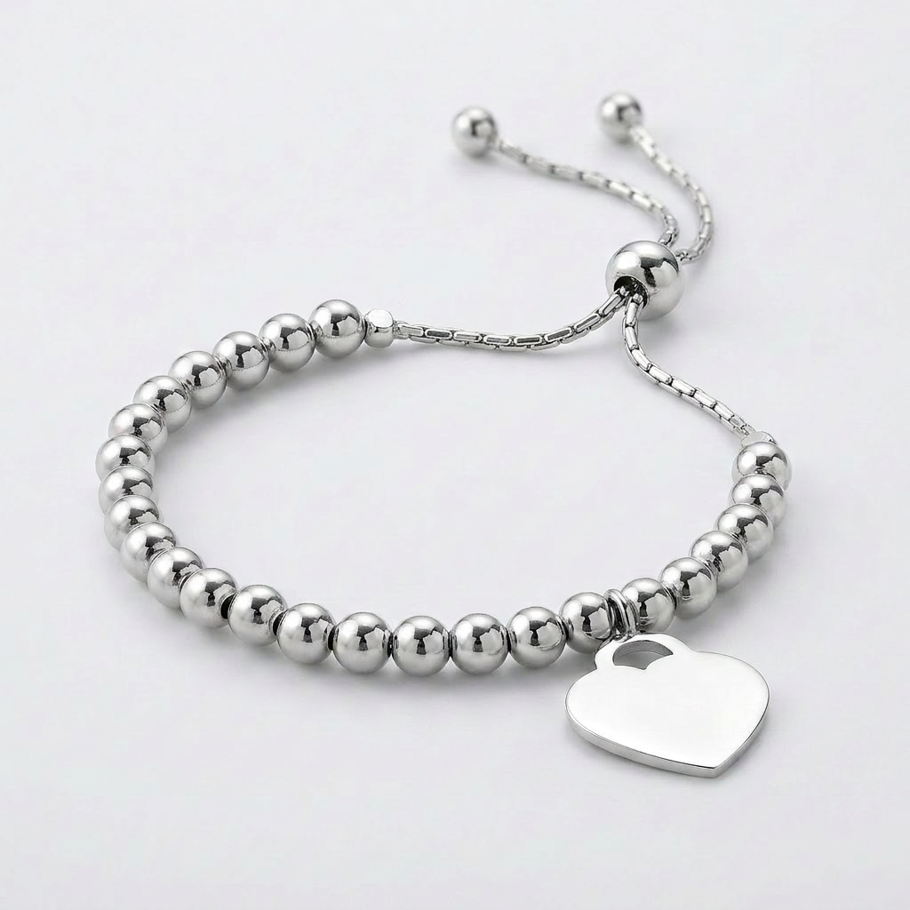 Adjustable Shiny Bead Bracelet with Heart Charm in Sterling Silver DestGlow