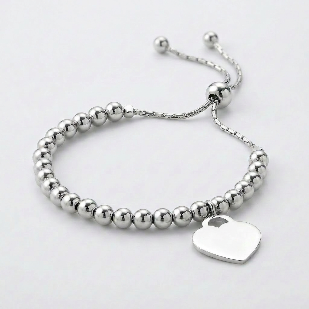 Adjustable Shiny Bead Bracelet with Heart Charm in Sterling Silver