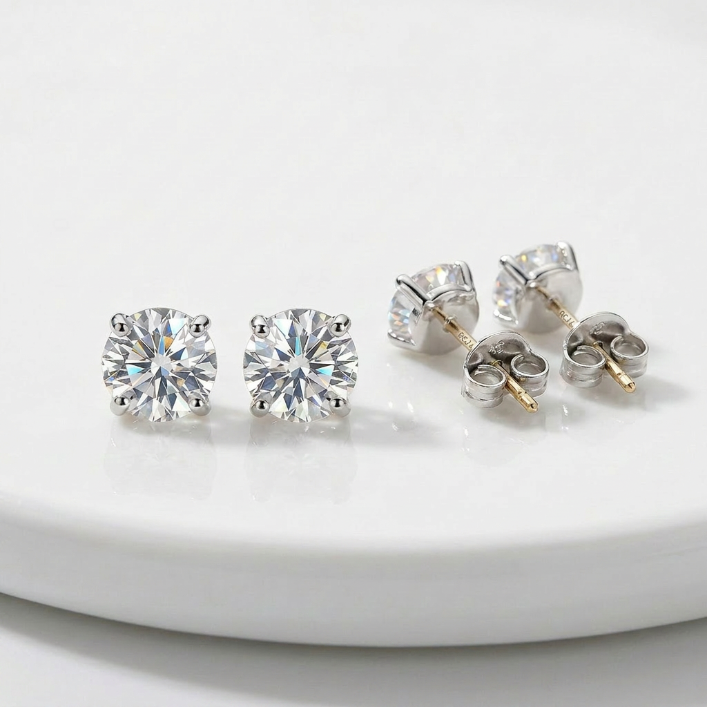 14 k WhiteGold Stud Earrings with White Hue Faceted Cubic Zirconia DestGlow