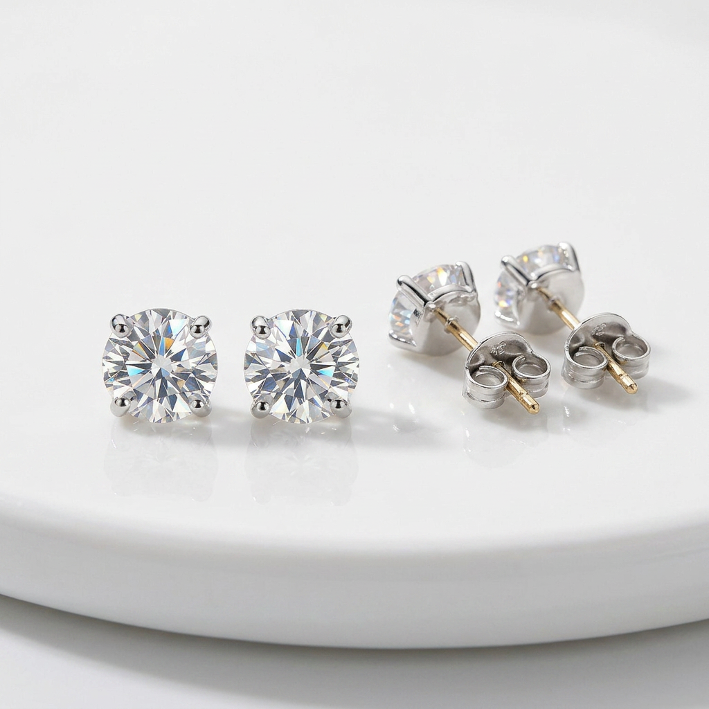14 k WhiteGold Stud Earrings with White Hue Faceted Cubic Zirconia