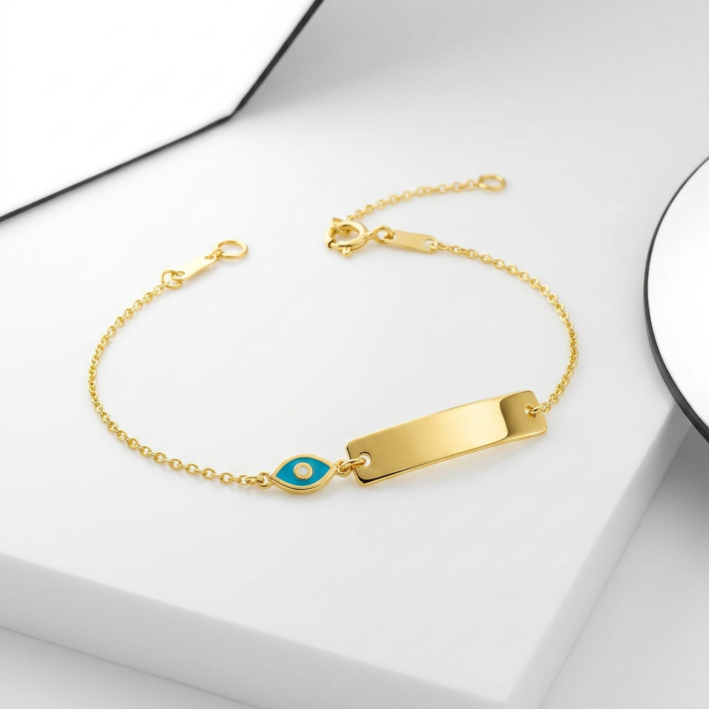 14k Yellow Gold 5 1/2 inch Childrens ID Bracelet with Enameled Eye