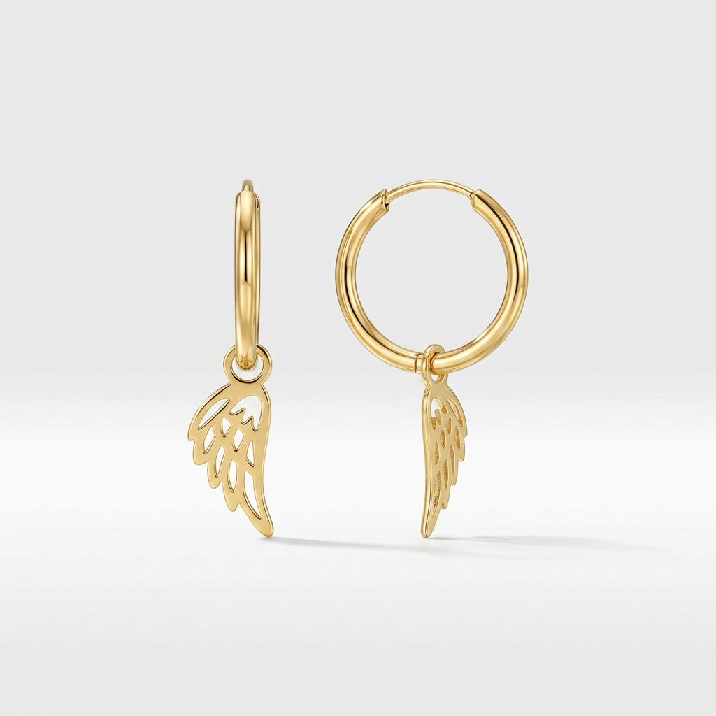 14K Yellow Gold Hoop Earrings with Angel Wings DestGlow
