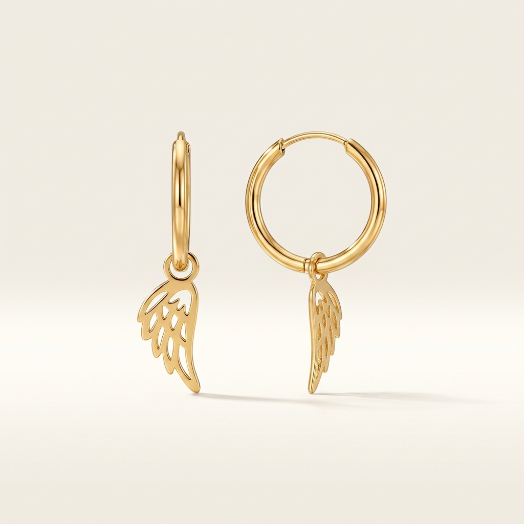 14K Yellow Gold Hoop Earrings with Angel Wings