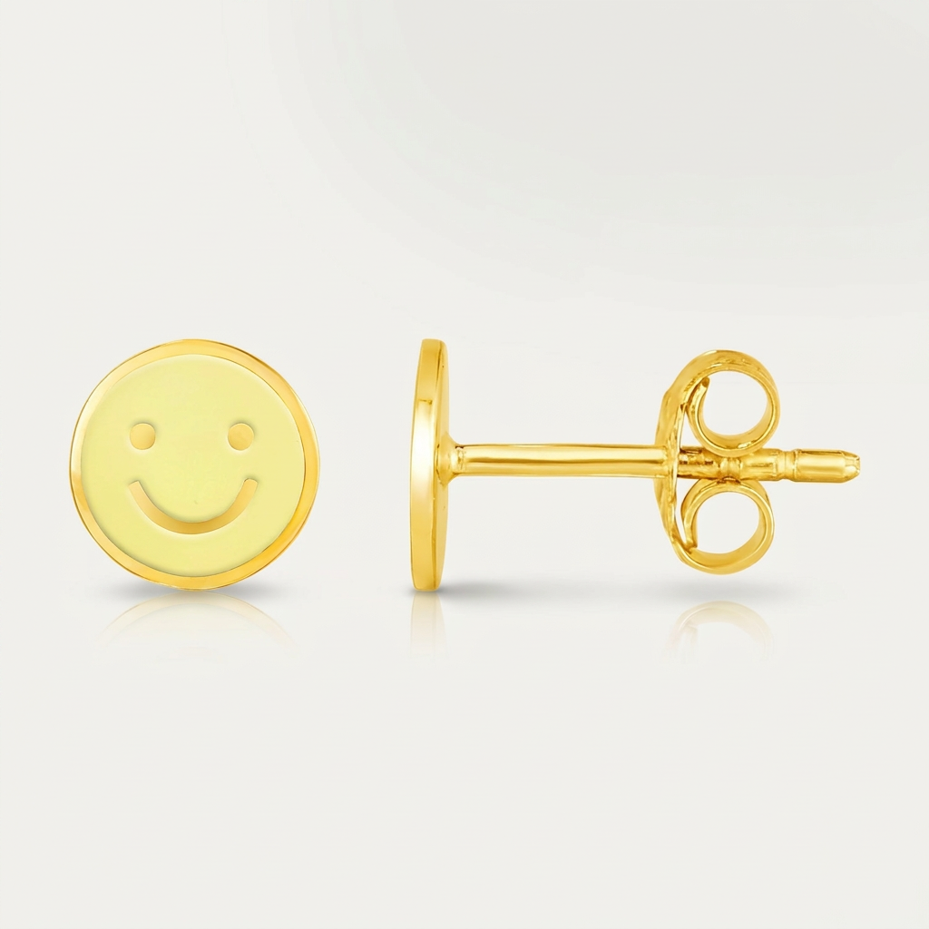 14k Yellow Gold and Enamel Yellow Smiley Face Stud Earrings DestGlow