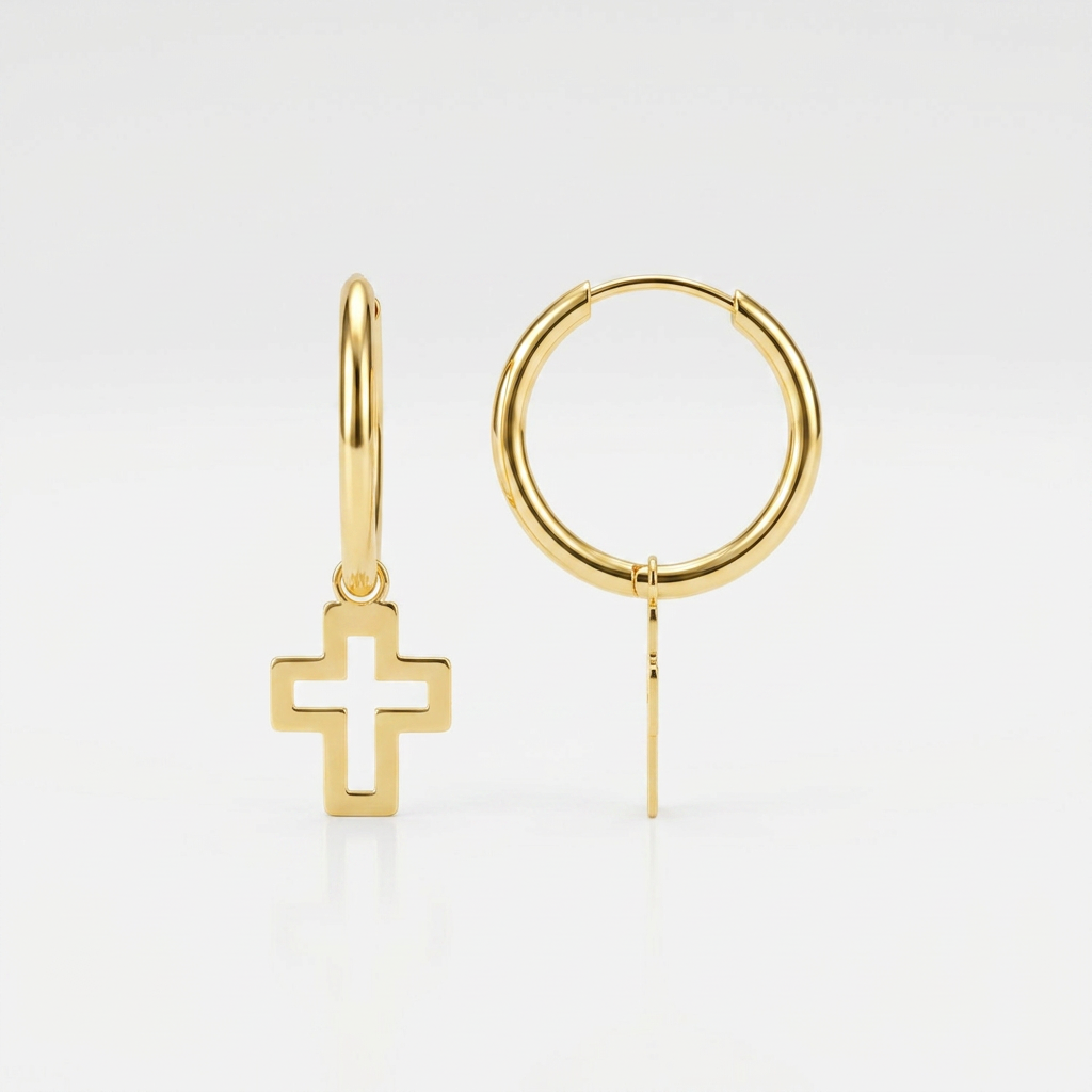 14K Yellow Gold Hoop Polished Earrings with Crosses