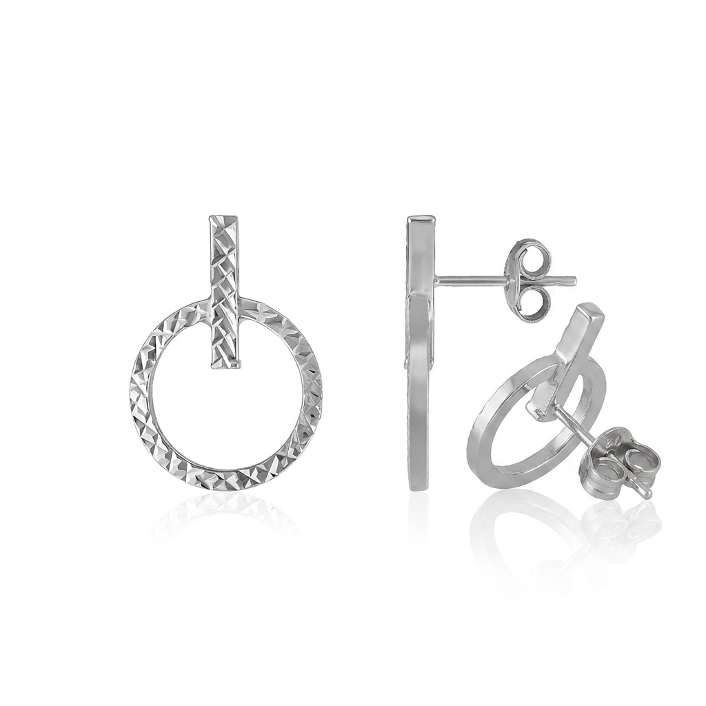 14k White Gold Textured Circle and Bar Post Earrings DestGlow