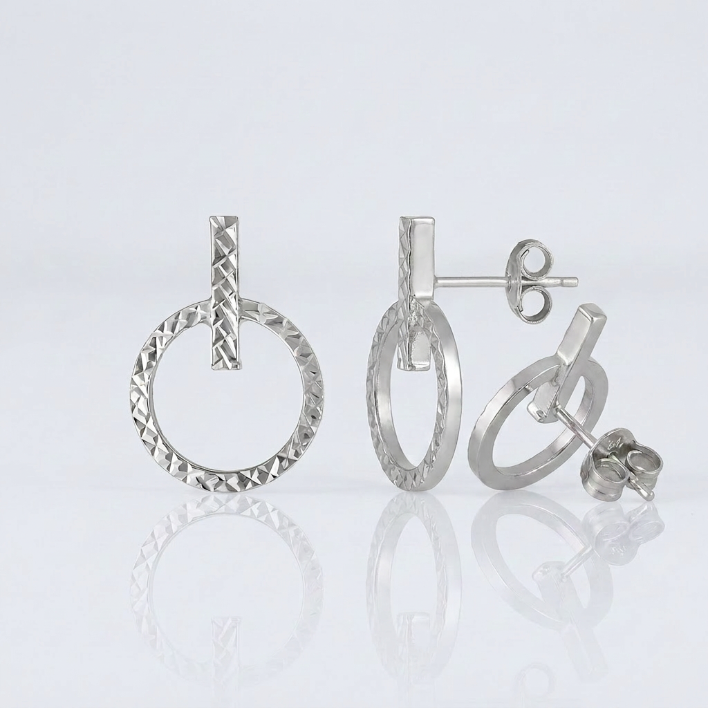 14k White Gold Textured Circle and Bar Post Earrings DestGlow