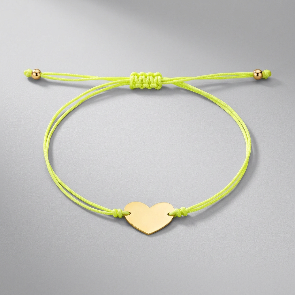 9 1/4 inch Yellow Cord Adjustable Bracelet with 14k yellow Gold Heart