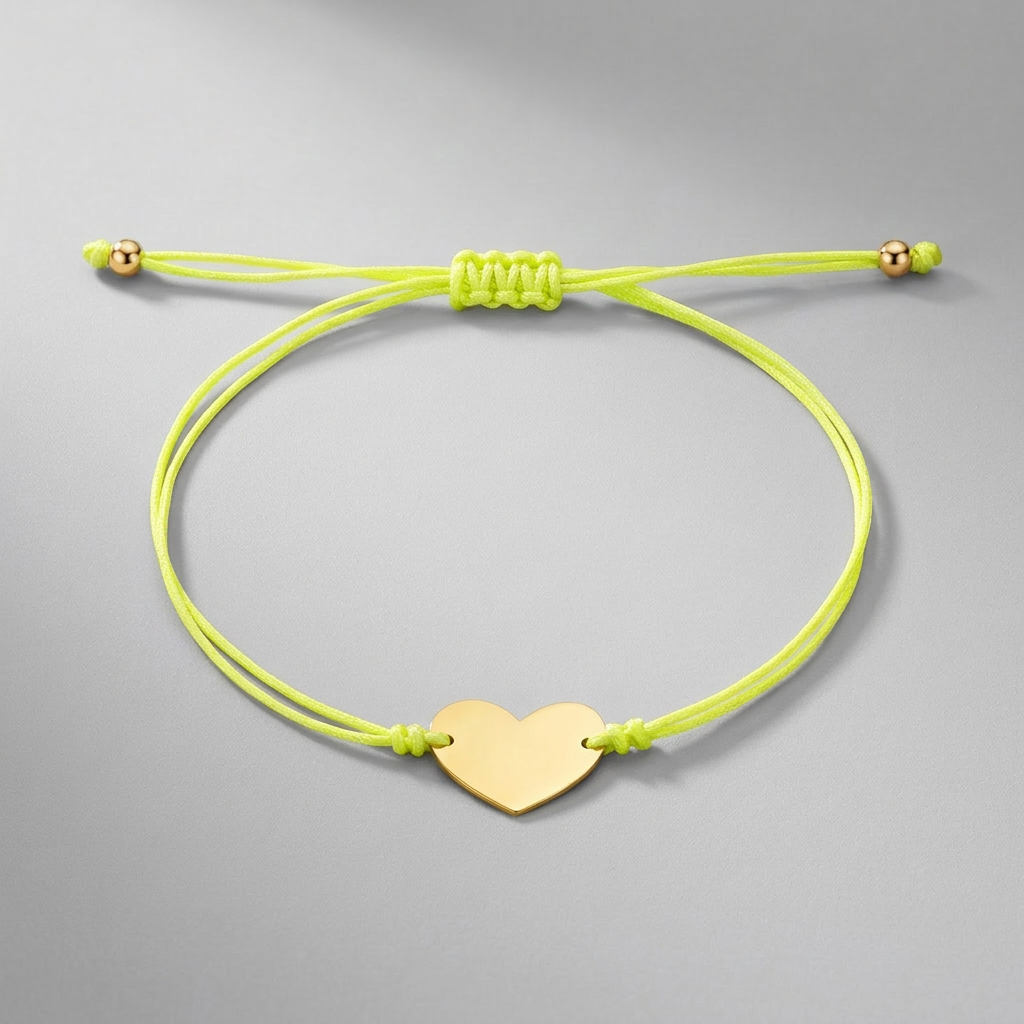 9 1/4 inch Yellow Cord Adjustable Bracelet with 14k yellow Gold Heart