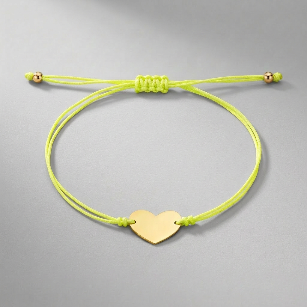 9 1/4 inch Yellow Cord Adjustable Bracelet with 14k yellow Gold Heart DestGlow