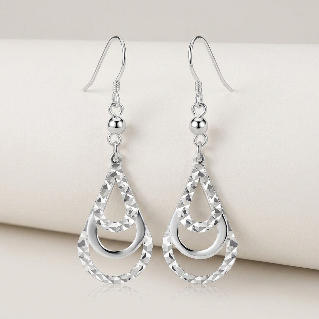Sterling Silver Textured Graduated Open Teardrop Dangling Style Earrings DestGlow